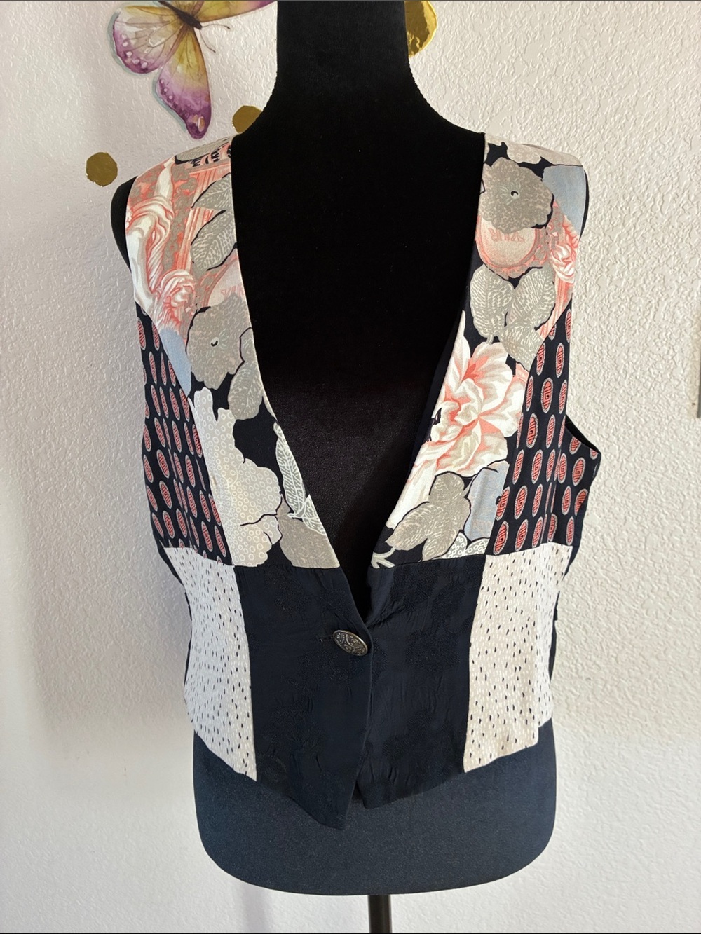 Casual Corner Black Floral Patchwork Vest with Pink Accents